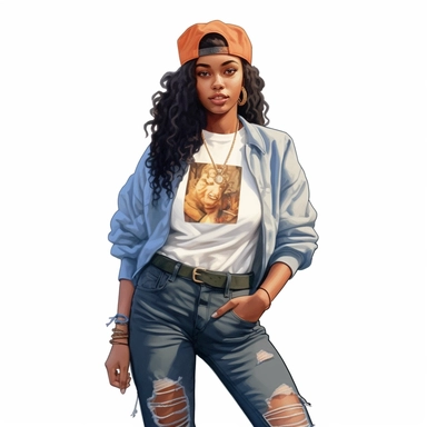 black, African American girl wearing 1990’s style urban streetwear clipart, watercolor style, hyper realistic, detailed, white background