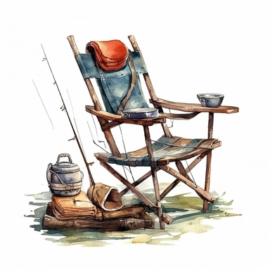 fishing chair with fishing rod clipart, watercolor illustration, realistic, isolated on the white background, vintage style, vibrant colors, realistic, very detailed, hd