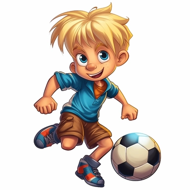 a 7 year old blond boy as a soccer star with long fringe hairstyle and short sides as a soccer star, full body, comic style clipart like paw patrol