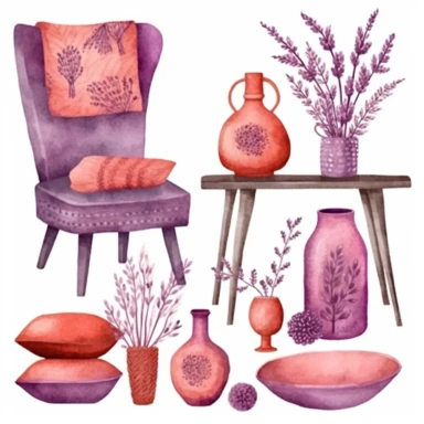 watercolor home decor items, vase, pillow, rug with lavender flowers, in the style of hot pink, purple and burnt sienna, intricate illustrations, primitivist elements, dotted, pencil texture, Clipart Collection, objects isolated on white background