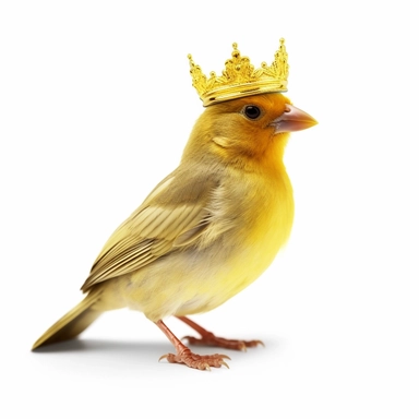 A canary wears a very beautiful gold crown white background, realism, on a transparent, I can't believe how beautiful it is, no isolate, 32K Brown Xenopus, 3D image, cartoon style, crispy clear look, side view, white background no blur no watermarks, clipart,