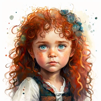 boho little girl, big eyes, Merida,centered, portrait, pose, very detailed and realistic, watercolor, clipart style