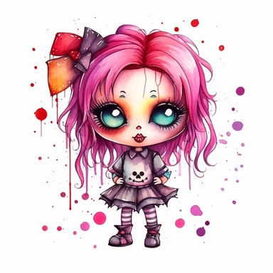 cute Monster High Chibi style girl, Halloween style, white background,clipart watercolor illustration, single object, high definition, white background for removing background
