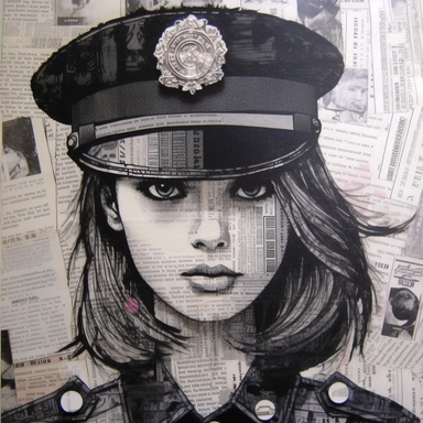 Charcoal drawing illustration collage, marker drawing portrait of a ((Japanese anime style police woman by ghibli ))on collaged book pages, magazine headline clippings, music notation paper cutouts, by Peterdraws, flowerpunk, bohemian style fabrics, intricate, button, wire jewelry, by Loui Jover