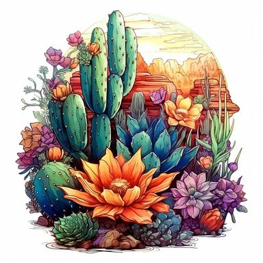 Arizona cactus with flowers and fruits, watercolor, in the style of dan mumford, desert colors , arizona symbolism, dry and colorful, transparent layers, rounded, green and colorful, clipart, white background, high detail, individual elements, fruit ornaments, flower ornaments, arizona punk--ar 1:1