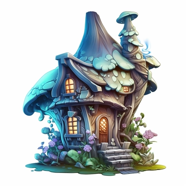 clipart, shades of blue and brown fairy house isolated on a white background, intricate details, vector, pastel colors, realistic, 3D, no shadows