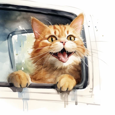 a funny cartoonish style cat sticking his head out the window, watercolor clipart