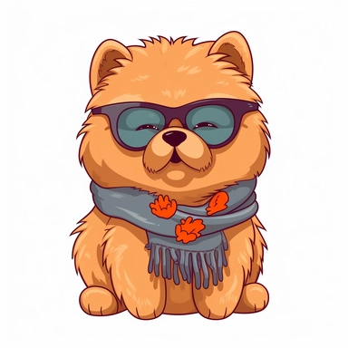 cute funny kawaii Chow Chow Puppy with Balenciaga sunglasses and cool necklaces or scarf, cute illustration, clipart, white backgound, Cuttable Design,full body