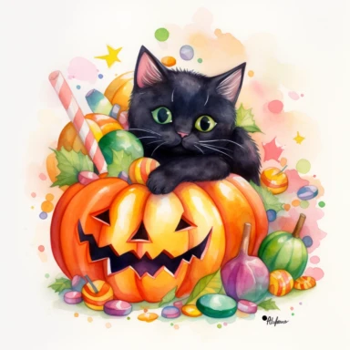 a large Halloween pumpkin, pumpkin is filled with colorful wrapped candies, lollipops, and candy corn, inside the pumpkin is a cute little black kitten with big green eyes, scattered candy is laying flat around the pumpkin, Halloween colors, magic, fantasy, watercolor, clipart style, white background with margins