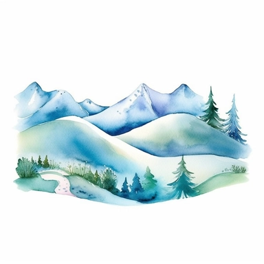 a watercolor snowy hills, cartoon style, white background, childrens illustrations,simple, clipart