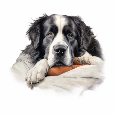 Landseer, cuddling with its pillow, realistic, Clipart, white background, no text, no caption