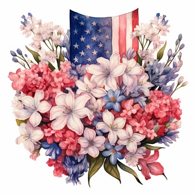 American flag with spring flowers. USA independence day. 4th of July, The illustration should be in the style of dreamy watercolor florals, inspired by the works of artists like Vytautas Kairiukstis, Villagecore, Kathrin Longhurst, and Christian Schloe. The color palette should predominantly feature white and pink, with a touch of flower power. The aspect ratio of the illustration should be 3:2. Be sure to include vintage truck clipart in your design, and dont forget white background, NO BACKGRO