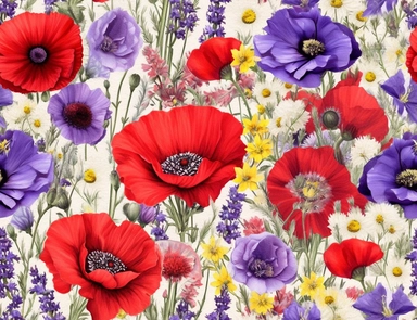 Vintage seamless pattern of vibrant red poppies as the focal point, surrounded by delicate white daisies, yellow yarrow, purple larkspur, and sprigs of lavender flower mix pencil sketch, ephemera paper design with ornate illustrations, vintage, distressed textures, muted colors, craft paper texture, handwriting lines in background, pen and ink on paper with watercolor washes Watercolor, vector, white background, rice paper texture, clipart, Seamless patterns, repeating patterns design, flat illu