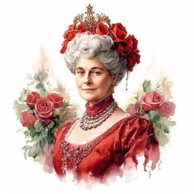 Regal elderly Victorian lady in a luxurious velvet gown, her crown of white hair adorned with a majestic arrangement of vibrant red roses. White background, clipart, watercolor, intricate detail