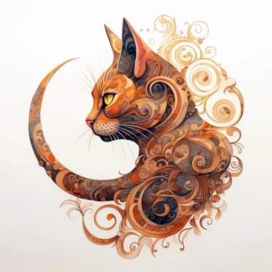 A beautifully painted cat with crescent moon behind it, hues of captivating orange, yellow and black, stunningly beautiful, refined and sophisticated, Hand drawn, Roberto Ferri, Clipart, watercolor, white background, intricate detail