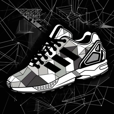 Coloring Page of Adidas ZX Flux and box label, glitter patterns, Geometric style, clipart black and white, no fill