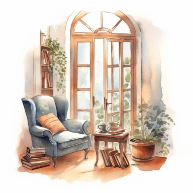 Watercolor dreamy reading vintage nook by a big window view , vintage furniture on a white background, Illustration clipart, 4K, extremely detailed
