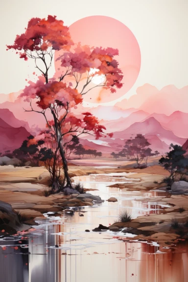 beautiful gorgeous alcohol ink of pink and gold serene nature scene with a central focus on a palm tree, gentle wave, minimalist style, liquid ink clipart, modern and stylish design, bright colors, 300 dpi, clear white background, highly detailed digital art, 8k