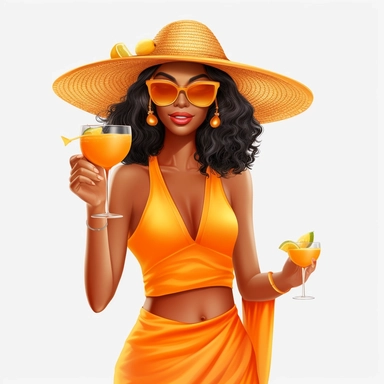 pretty black girl, Sun Straw Hat Wide Brim Summer Hat Foldable Roll up Floppy Beach Hats, pretty, holding a cocktail drink, orange outfit, 4k, hd, clipart