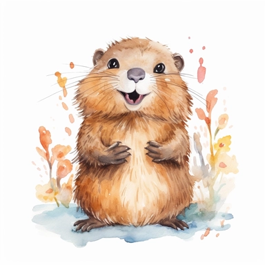 a captivating watercolor clipart image with a white background and white margins, featuring a cute sweet extremely happy smiling baby beaver. The ultra-detailed, hand-drawn elements capture the details. Use vibrant shades of various colors to create a visually appealing image