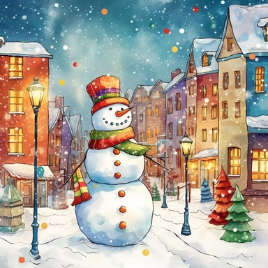 Watercolor drawing, christmas lights, large snowman, the city at night, the lights on, bright colors, ultradetailed hd , style by Lucy Fleming, watercolor, smooth gradients, black contour outline, ultra detailed, clipart elements, delicate pastel colors, solid white background, super clear, high quality
