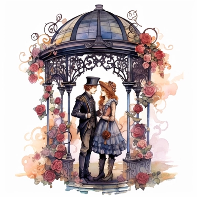 Romantic Steampunk ClipArt Watercolor showcasing close-up a couple in a steampunk-styled gazebo, its posts and trellises interwoven with gears and springs. The Victorian lady, adorned with clockwork hairpins, stands beside a gentleman dressed in a gear-embroidered vest. Their love story unfolds amidst roses made from intertwined cogs, all painted in a vibrant fusion of rose pink and vivid red tones, hyper-realistic, white background, intricate detail