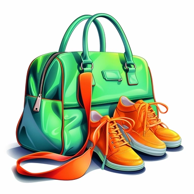 colorful mix light green orange woman bag, blue shoes, clipart style, fashion accessories bag, procreate illustration, on white background, hyper detailed, high resolution, illustration