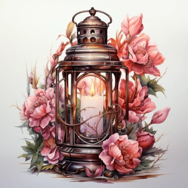 hyperrealistic ultra detailed watercolor clipart, floral fantasy lantern with a candle lit, white background, in the style of digital print, clipart, illustration, sticker, ultra high definition, rich details, 32K, HD