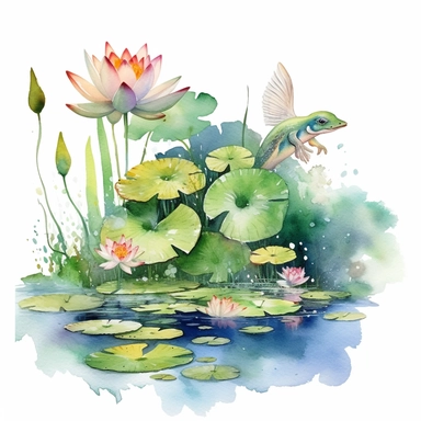 Watercolor Lily Pond Clipart, lily pad and frog pond, CLIPART, fish and birds