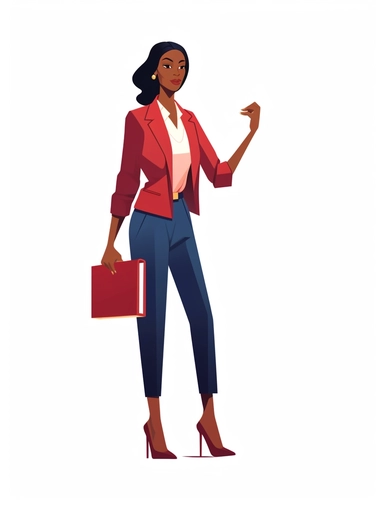 businesswoman is featured, dark skin, flat design, bold colors, editorial illustrations, elegant clothing, white background, clipart
