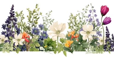 Pressed boho cottagecore snapdragon, cosmos, lupine, anemone and columbine floral border wildflowers with green foliages floral nature garden border, clipart with white background