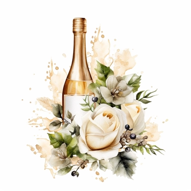 white beige rose border with leaves, champagnes bottle wedding, mystical, beautiful, white background, single clipart, halloween element, Sparkling ,watercolor