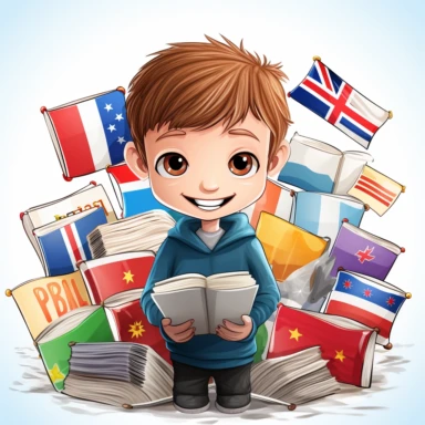 a toon clipart boy learning many languages with different words and flags