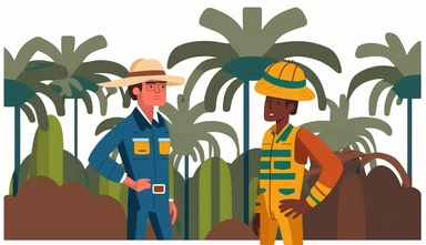 plantation supervisor denying request to an indonesian palm oil plantation worker , 2d clipart low detailed illustration, white background, miminalist, flat modern illustration