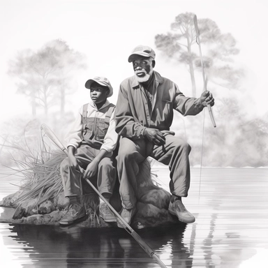 hyper-realistic line drawing of full body images of Modern-day, American midwest state in 2023, elderly black man & his young grandson holding fishing rods as they fish sitting in small fishing boat in the middle of river, scene is quiet and serene as green nature surrounds them in background, the men are contemplative and in a peaceful mood, detailed facial expressions, intricate detail, clip art, editorial magazine cartoon style, 8k, 16:9