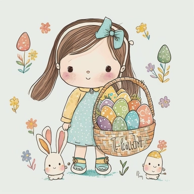 watercolor cartoon chibi young girl holding a vasket of easter eggs clipart,flat watercolor style,popular on etsy,featured on dribble,watercolor illustration clipart,watercolour clipart,watercolor illlustration for kids and children,book illustration,print on demand image,PNG tranparent background,text,,word,,multiple,hands,,multiple,foot,,multiple,leg,,multiple,finger,,frame