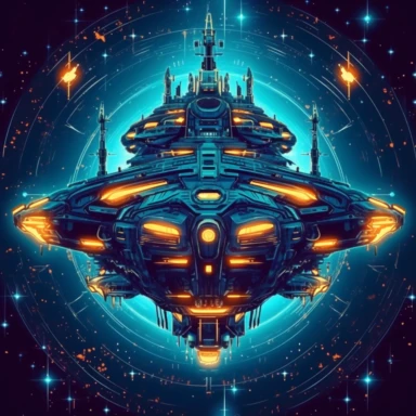 a huge spaceship from which many small ships emerge, with warp propulsion, among stars and nebulae, lush lights, clipart, BLUE background, Spielberg style