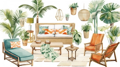 Watercolor clip art, Serena and Lily inspired, Editorial Style photo, Mid-range view, Artistic, Eclectic, Tropical plants and lounge chaise furniture, Varied and eclectic, Medium level of detail, Diverse and vibrant, Luxury bohemian resort brand, Soft and diffused, Beachfront, Afternoon, Bohemian and free-spirited, Eclectic and vibrant, on a white background, no shadow, shot on 70mm lens, Canon camera, 8k, spaced out, stylize 1000,