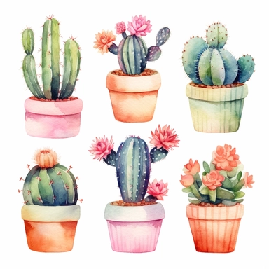 6 Watercolor cactus in a vase clipart, hd, isolated on white background, spaced out ar 3:2 s1000