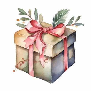 Beautiful watercolor clipart of Christmas present, with soft and delicate colors, perfect for a holiday-themed invitation, cute and charming, high-quality artwork, hand-painted with attention to detail, heartwarming and sweet, a beautiful addition to any project.