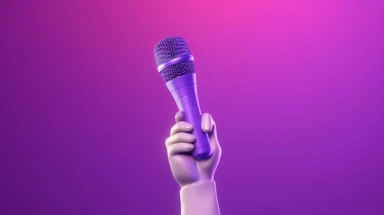 3d render, cartoon character hand holds microphone. Rock concert clip art isolated on violet background, Bright color, ultra realistic