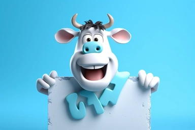 character cartoon cow with banner in clipart 3d image, in the style of unreal engine 5, natalia rak, movie still, matte photo, lightbox, relief, white and cyan