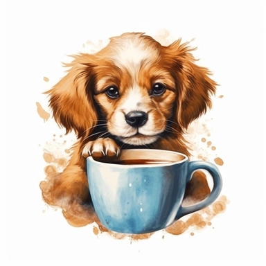 cute puppy holding coffee cup drawn in watercolor, vector design, cutout,Sublimation Clipart ,Cartoon,hyper realistic, intricate detail, illustration style,high solution,on the white background