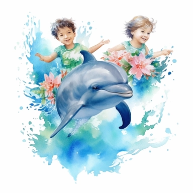 watercolor boys and girls swimming with dolphins, roses clipart on white background