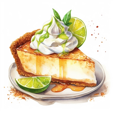 Watercolor clipart of Key Lime Pie: This tangy and creamy pie is a popular dessert during the summer months, often made with a graham cracker crust and topped with whipped cream, intricate details, vector, hyperrealistic, white background, no splashes,