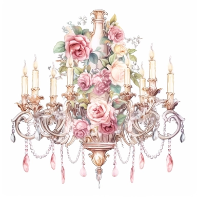 Make a clipart of a shabby chic, fairytale watercolor victorian chandelier, rococo, hd, white background