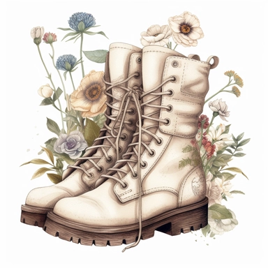cottagecore clipart. white combat boots decorated with flowers. on a white background. cottagecore, feminine, frilly