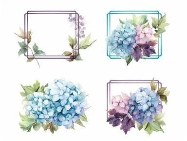 Rectangular frame with decorative floral clipart in four corners, green and hydrangea, light purple and light blue, watercolour floral corner frame decorative border, minimalist set, Konica Big Mini