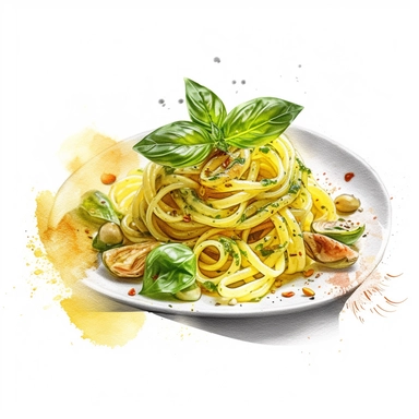 Pesto alla Genovese: Pasta with a sauce made from basil, pine nuts, garlic, Parmesan cheese, and olive oil , watercolor clipart, transparent white background, food photography, soft cinematic lights, juicy, bright, high quality, ultra detailed, 32k