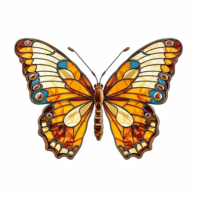 A beautifully crafted stained glass butterfly clipart, dominated by warm, sunny yellows, intricately detailed in a hyper-realistic style white background